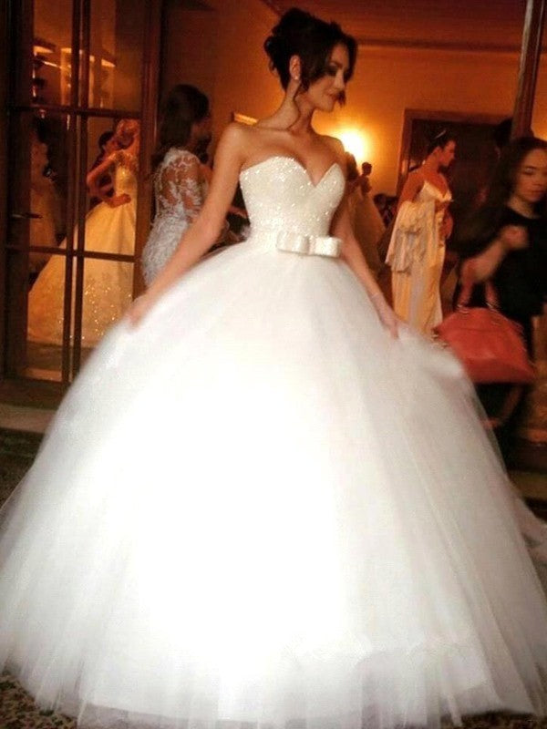 Beautiful Bow Sweetheart Tulle Sleeveless Floor Sweeping Wedding Dress