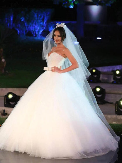 Beautiful Bow Sweetheart Tulle Sleeveless Floor Sweeping Wedding Dress