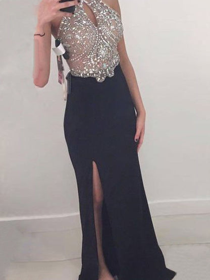 Pillar sleeveless Halter beaded floor mop knit dress
