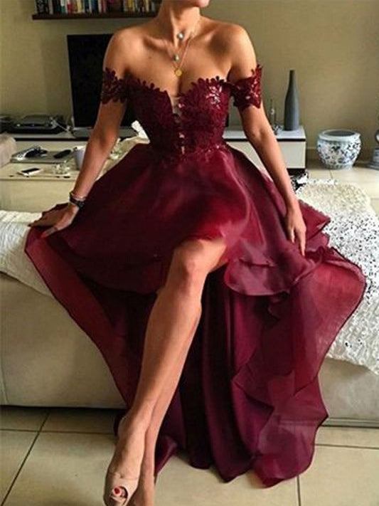 A-line Beautiful Princess Sleeveless Off Shoulder Asymmetric Applique Organza Dress