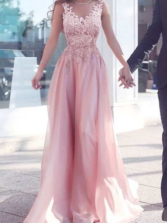 A-line Princess Sweet Sleeveless Floor Sticker Chiffon Dress