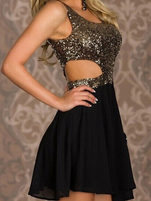 A-line Princess Sleeveless Sequin Chiffon Short Mini Dress