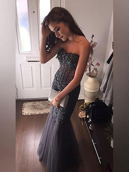 Sweet Mermaid Sleeveless Sweetheart sheer sequin floor long dress