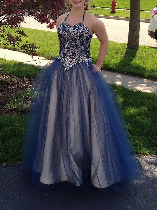 Ball Gown Sleeveless Italian Noodle Beaded Floor Tulle Dress
