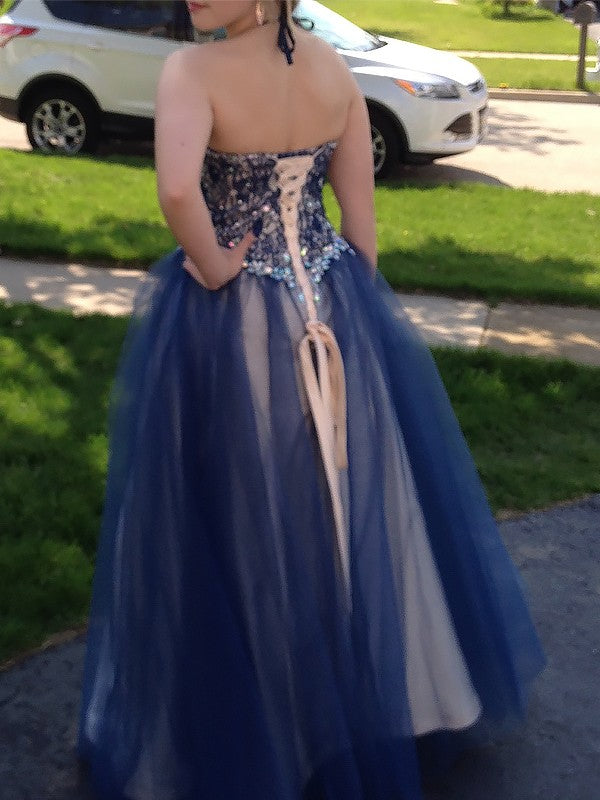 Ball Gown Sleeveless Italian Noodle Beaded Floor Tulle Dress