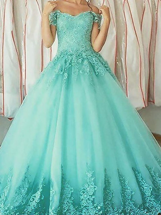 Ball Gown Sexy Sleeveless Off the Shoulder Applique Floor Mopping Tulle Dress