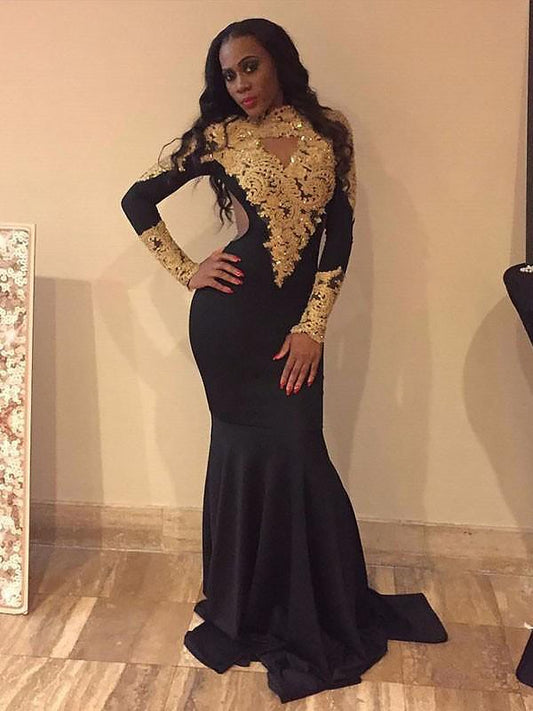 Slim fit mermaid long sleeved elastic inlaid sweeping brush colored dress