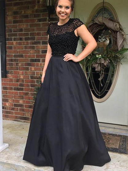 A-line Elegant Princess Jewel Sleeveless Floor Dragging Beaded Satin Dress