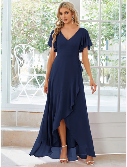 A-shaped wedding guest low luxury dress casual wedding party asymmetrical short sleeved V-neck bridesmaid dress ruffled chiffon solid color