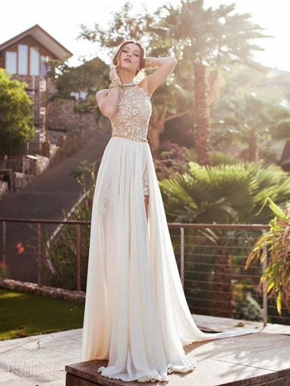 A-line Skirt Sweet Princess Halt Sleeveless Lace Chiffon Bra Dress
