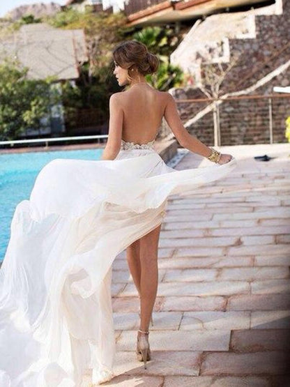 A-line Skirt Sweet Princess Halt Sleeveless Lace Chiffon Bra Dress
