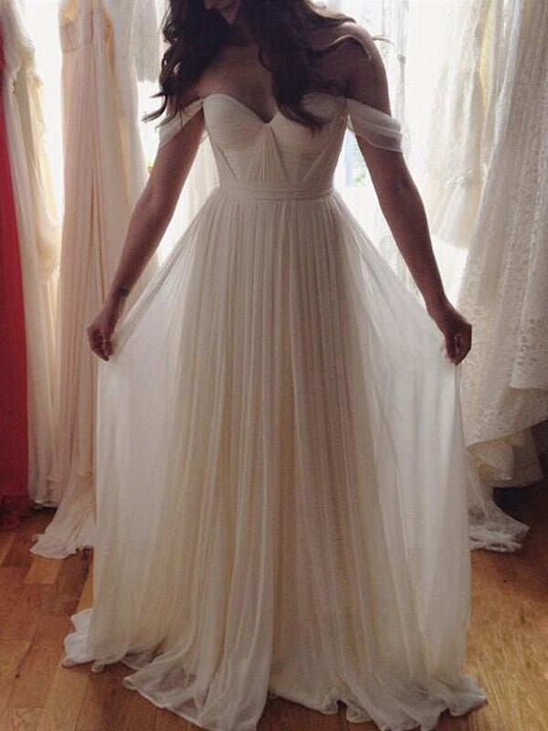A-line Princess Sleeveless Sexy Off Shoulder Beaded Mop Floor Chiffon Dress