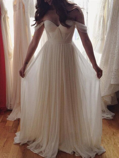 A-line Princess Sleeveless Sexy Off Shoulder Beaded Mop Floor Chiffon Dress