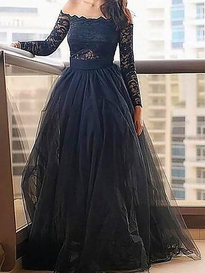 Princess sexy off the shoulder long sleeved lace floor tulle dress