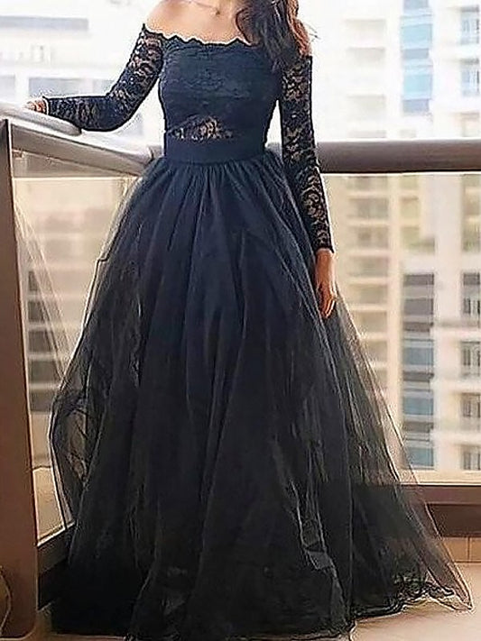 Princess sexy off the shoulder long sleeved lace floor tulle dress