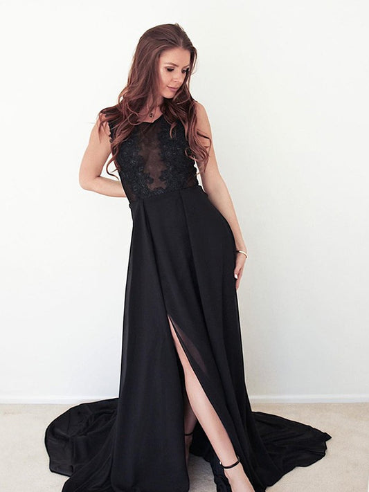 A-line Princess Satin Chiffon Scoop Sweet Sleeveless Dress