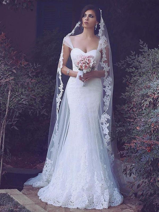 Small slim fit mermaid thin gauze sleeveless brush train strap wedding dress