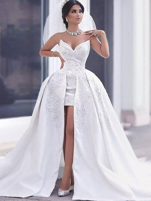Elegant beaded satin sleeveless church skirt, sweet wedding dress