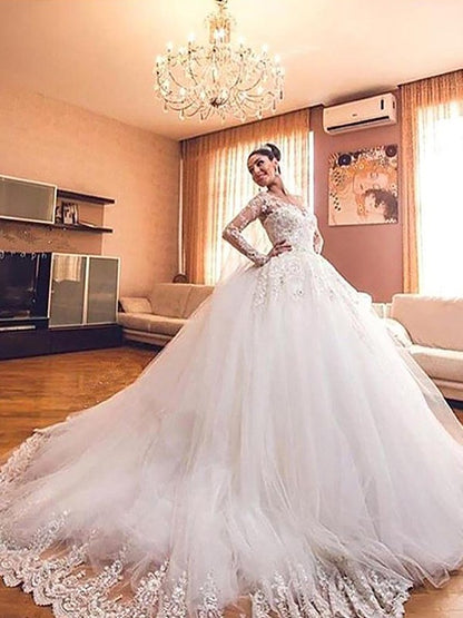Elegant long sleeved sheer sexy V-neck palace dress wedding dress