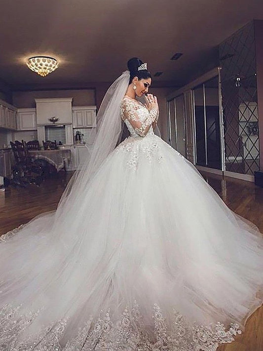 Elegant long sleeved sheer sexy V-neck palace dress wedding dress