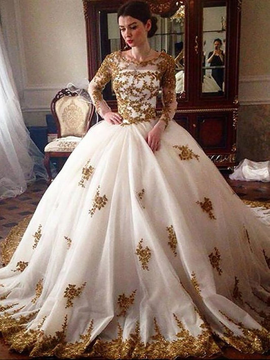 Court elegant long sleeved sheer wedding dress