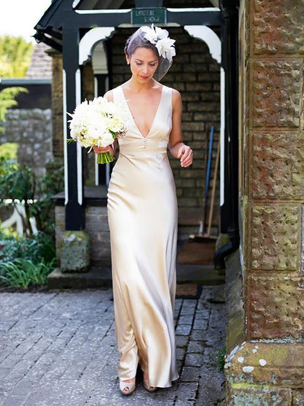 Imitation silk satin sleeveless sexy V-neck floor mopping wedding dress