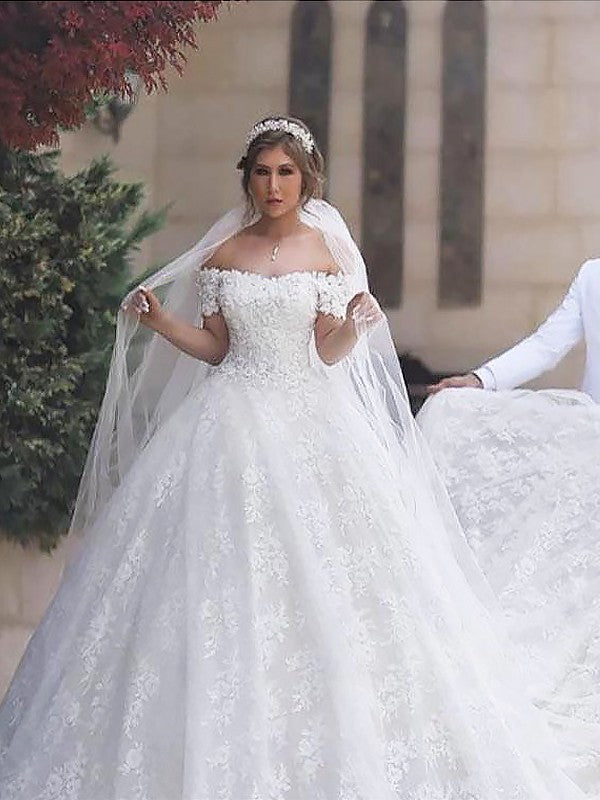 Sexy Off Shoulder Lace Short Sleeves sheer court dress formal wedding dress