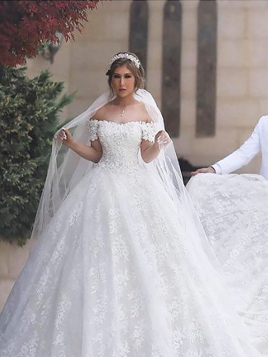 Sexy Off Shoulder Lace Short Sleeves sheer court dress formal wedding dress