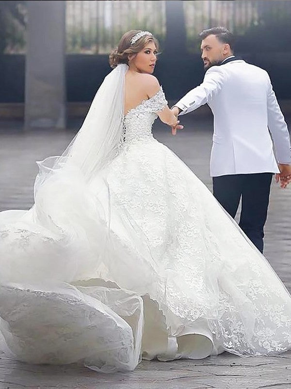 Sexy Off Shoulder Lace Short Sleeves sheer court dress formal wedding dress