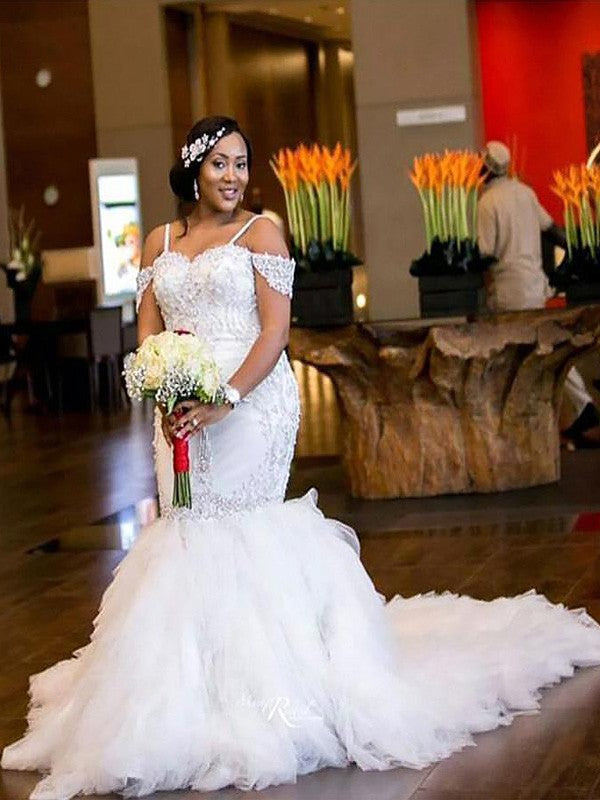 Loudspeaked Mermaid Sleeveless Off Shoulder Palace Dress with Beaded Tulle Wedding Dress