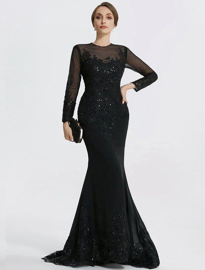 Mermaid Horn Sheath Post Evening Dress Formal Floor length Sleeves Jewel Neck Lace Applique