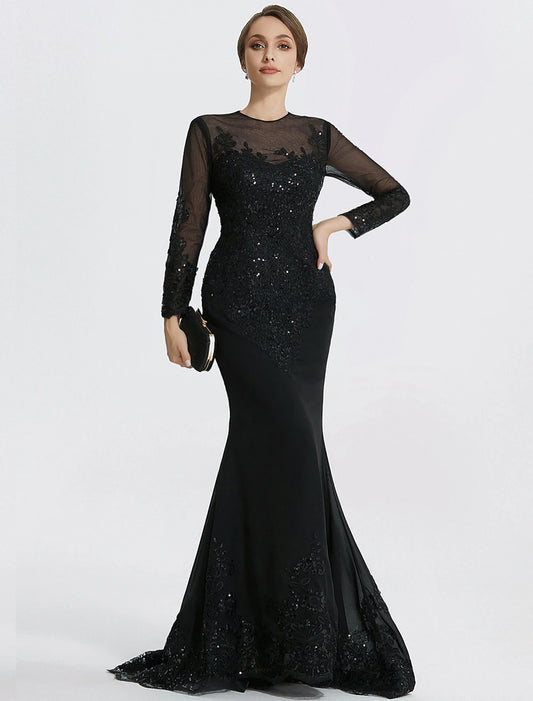 Mermaid Horn Sheath Post Evening Dress Formal Floor length Sleeves Jewel Neck Lace Applique