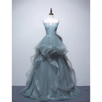 Blue Spaghetti Strap Gauze Prom Dress  Formal Evening Dresses