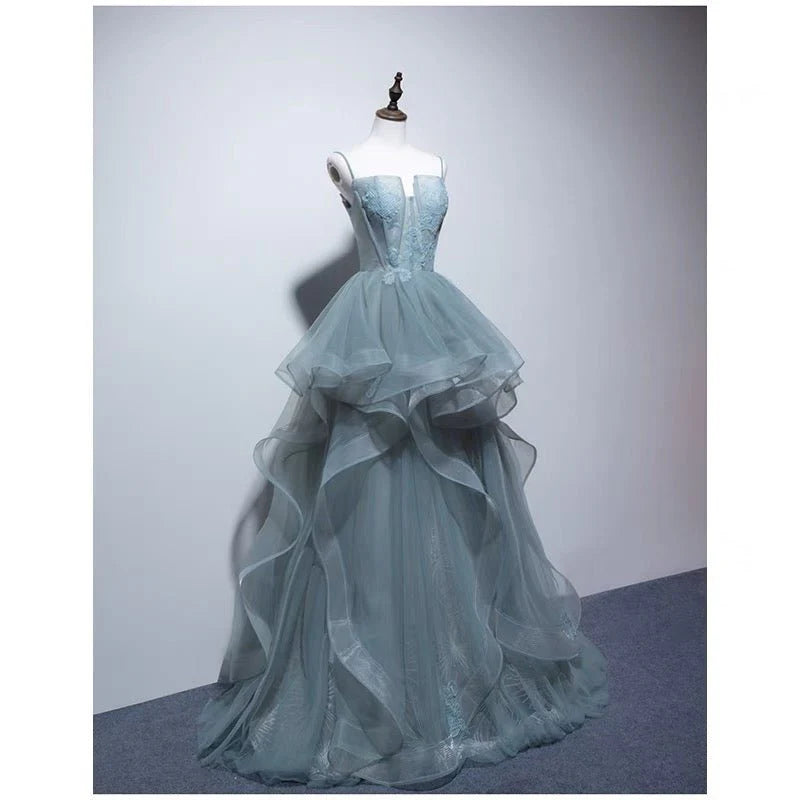 Blue Spaghetti Strap Gauze Prom Dress  Formal Evening Dresses