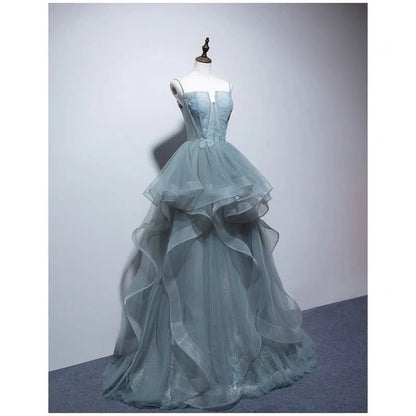 Blue Spaghetti Strap Gauze Prom Dress  Formal Evening Dresses