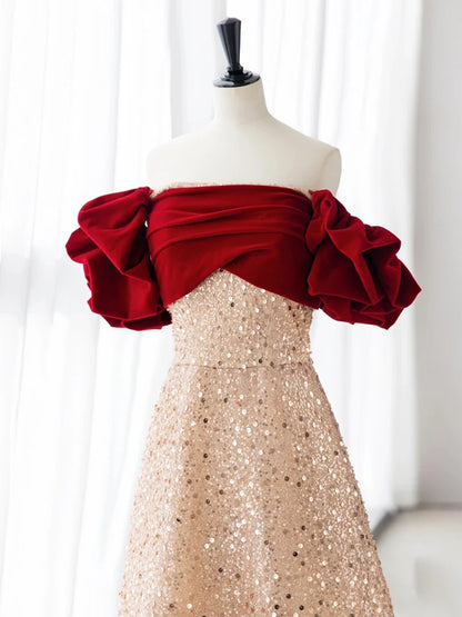 Champagne A-Line velvet Long Evening Dress Champagne Tulle Sequin Long Formal Dress