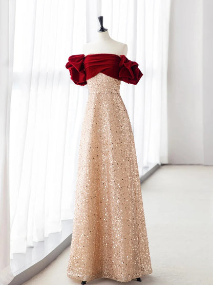 Champagne A-Line velvet Long Evening Dress Champagne Tulle Sequin Long Formal Dress