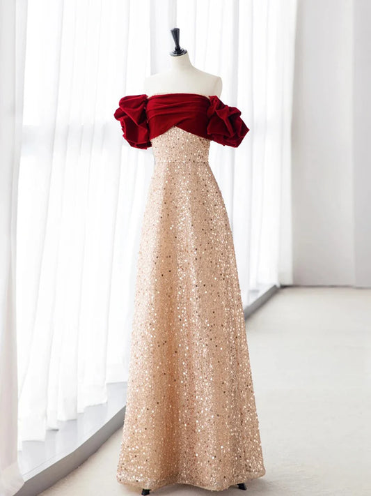 Champagne A-Line velvet Long Evening Dress Champagne Tulle Sequin Long Formal Dress