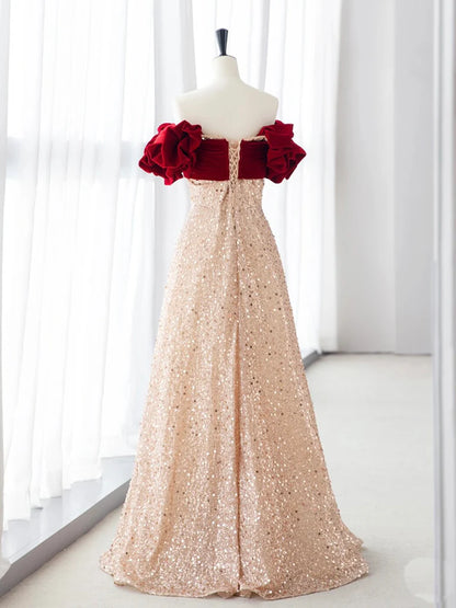Champagne A-Line velvet Long Evening Dress Champagne Tulle Sequin Long Formal Dress