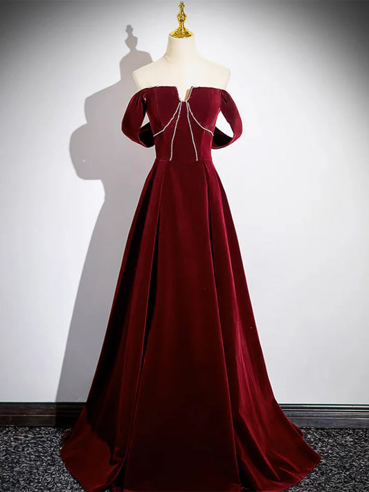 A-Line Velvet Burgundy Long Evening Dress Burgundy Long Formal Dress