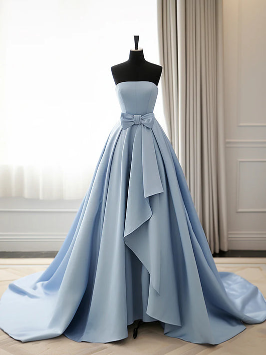 A-Line Satin Blue Long Evening Dress Blue Long Evening Dress
