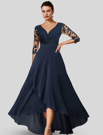 A-line Bride Mom Dress Wedding Guests Noble and Elegant High Low V-Neck Asymmetric Tea Chiffon Lace 3/4 Long Sleeves with Applique