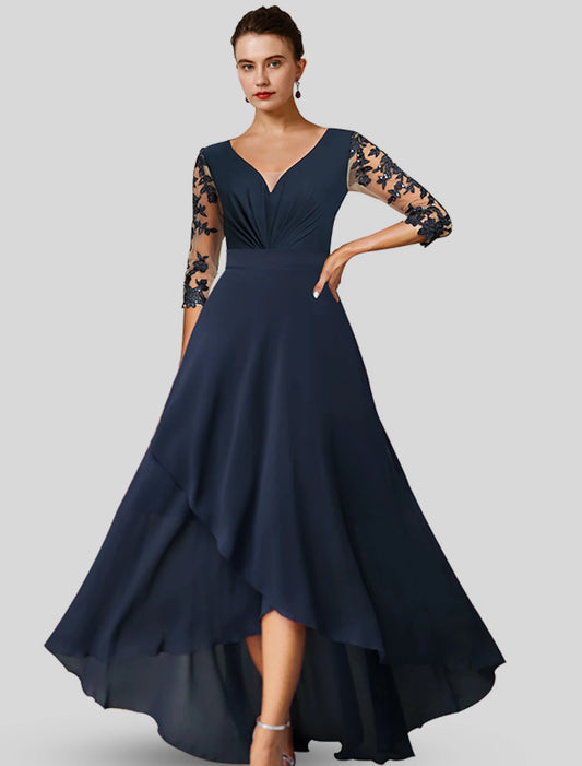 A-line Bride Mom Dress Wedding Guests Noble and Elegant High Low V-Neck Asymmetric Tea Chiffon Lace 3/4 Long Sleeves with Applique