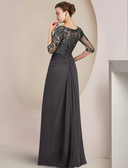 Set of pillars bride mother dignified dress formal wedding guests square neck to floor length chiffon lace 3/4 long sleeves with sequin stickers and pleats