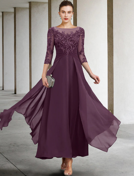 A-shaped Bride Mom Dress Wedding Guests Elegant and Minimalist Jewelry Collar and Ankle Chiffon Lace 3/4 Long Sleeves with Folded Sequin Stickers