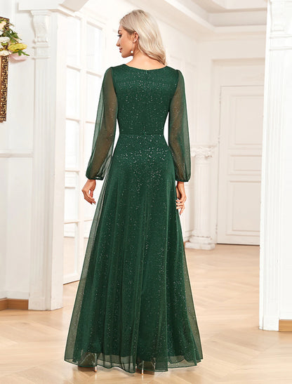 A-shaped Evening Dress Sparkling Elegant Dress Formal Wedding Party Dress and Floor Long Sleeve V-Neck Chiffon with Sequins