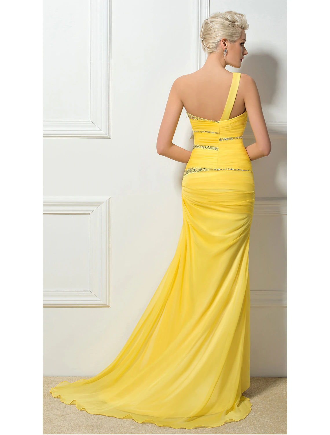 Tight Column Evening Dress Sexy Wedding Engagement Big Swing Tail Sleeveless One Shoulder 30D Chiffon Open Back Strap Folded Crystal Sequins