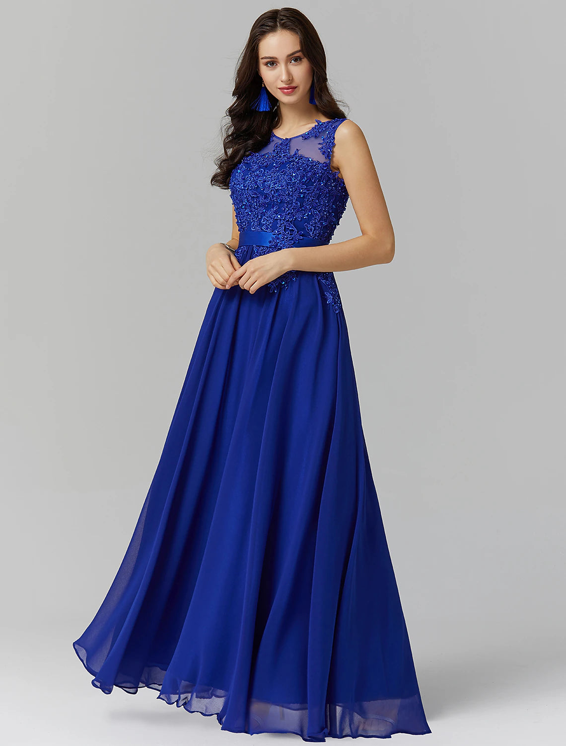 A-line Evening Dress Elegant Decal Dress Wedding Guest Ball and Floor Length Sleeveless Perspective Collar Bridesmaid Dress Georgette