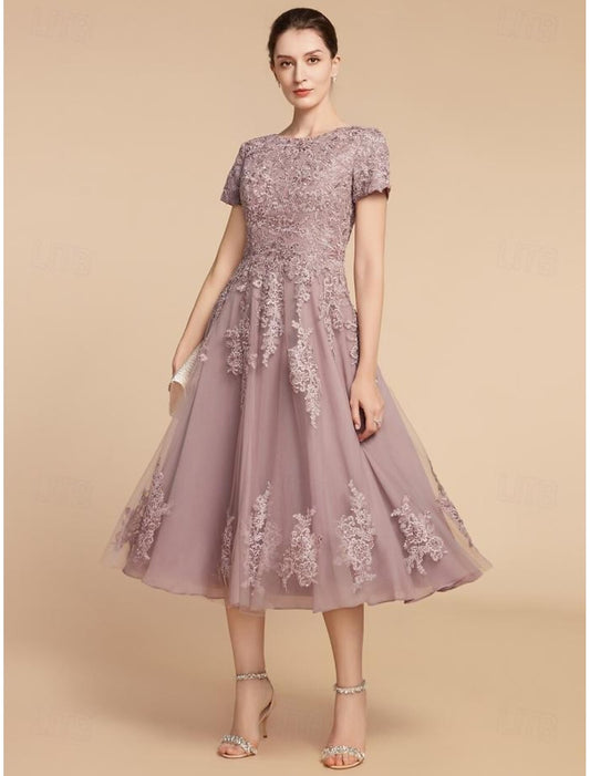 A-shaped Bride Mom Dress Wedding Guests Elegant and Beautiful Gem Neck Tea Long Lace Thin Veil Pleated Flowers