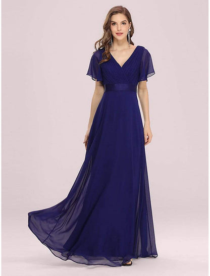 A-line Party Evening Dress Wedding Guest Long Short Sleeve V-Neck Bridesmaid Dress Chiffon V-Strap Ruffle Edge